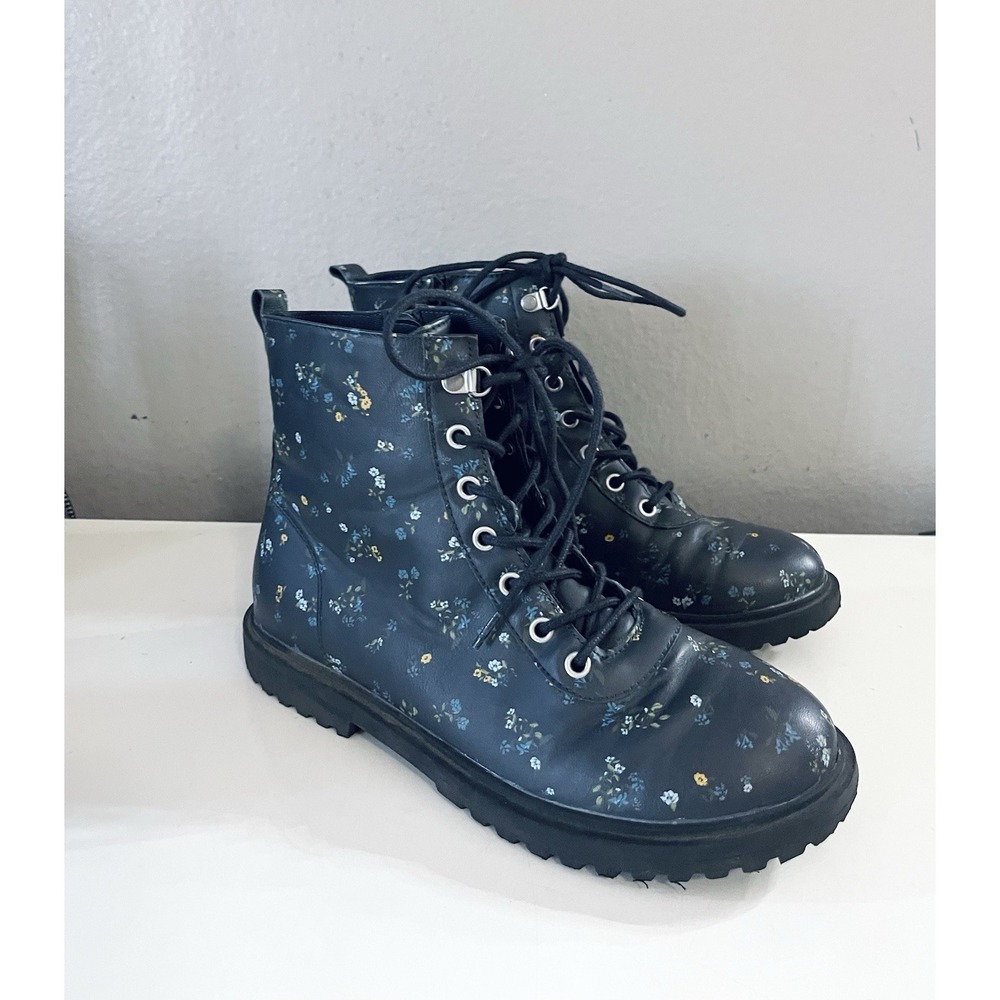 Girls black faux leather floral print lace up side zip combat boots Side 4y